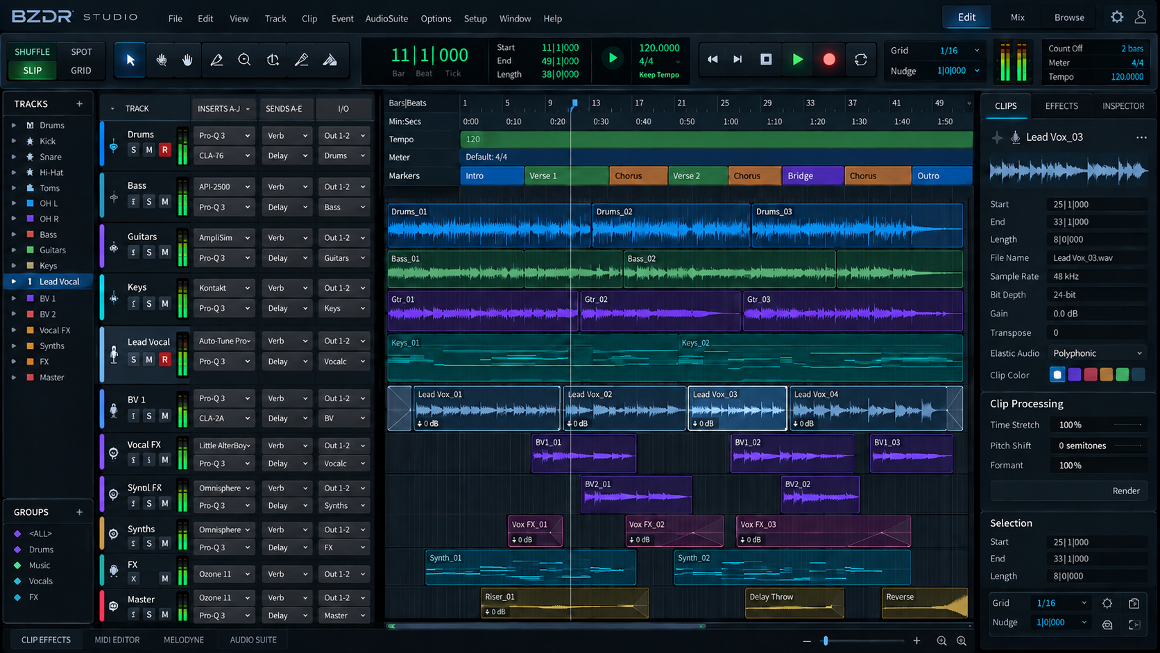 Original BZDR Studio Edit design with multicolored audio clips, transport, inserts, sends and clip inspector.